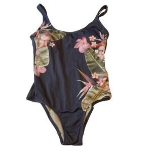 Kona Sol Gray Floral One Piece Tank Swimsuit, S, NWOT
